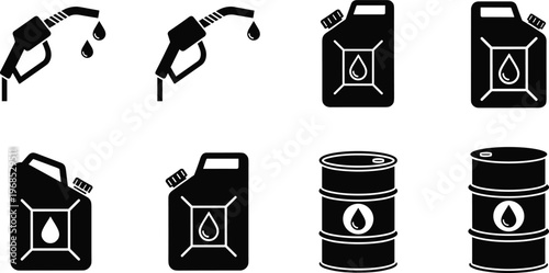 Fuel and oil industry icon set featuring gasoline pump nozzle jerry can and barrel symbols for energy production and petroleum design