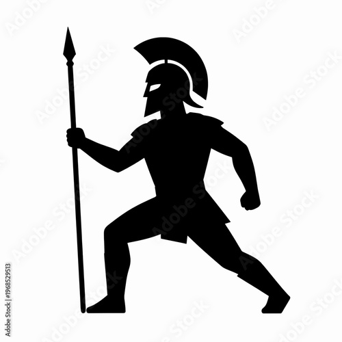 Black flat vector illustration of a single adult male Greek Spartan warrior in a powerful lunging pose with a long spear, ancient military soldier silhouette for fitness and strength concept.