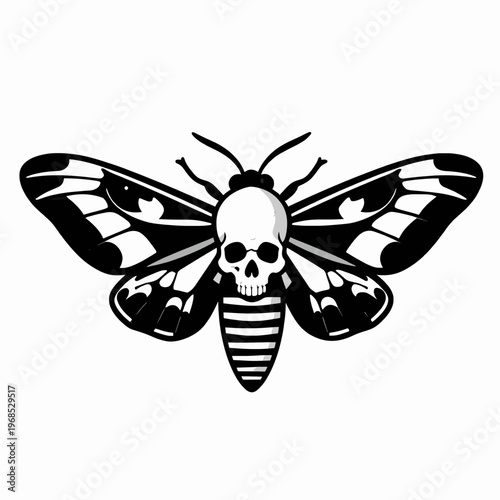 Symmetrical flat vector illustration of a single death's-head hawkmoth with a human skull thorax, gothic moth icon with intricate black and white wing patterns isolated on a white background.