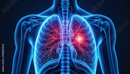 Human anatomy illustration focusing on lungs with potential health issue highlighted in red, set against a dark blue background.
