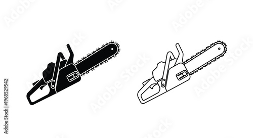 Two black and white line art depictions of a gasoline powered chainsaw