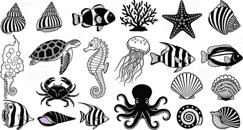 Marine silhouettes collection, seashells starfish coral turtle seahorses fish jellyfish octopus crab ocean underwater aquatic wildlife biodiversity illustration design