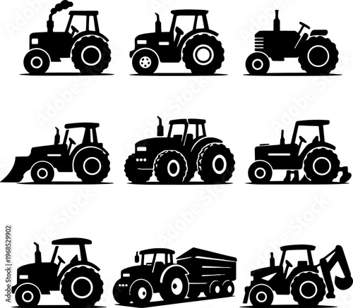 black silhouettes of various tractors and agricultural vehicles