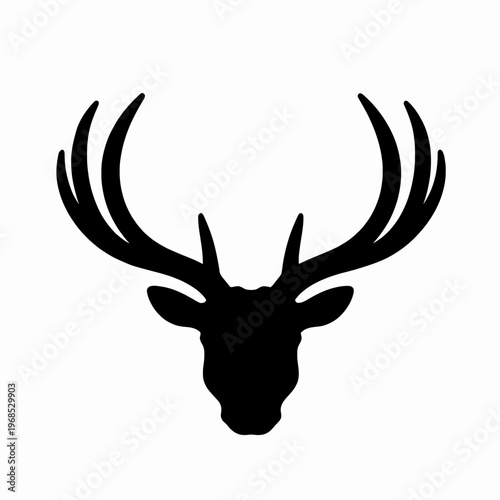 Minimalist flat vector illustration of a single set of majestic elk antlers, symmetrical black silhouette icon of deer head trophy isolated on white background for hunting and nature concepts.