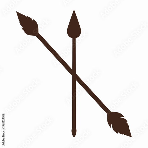 Minimalist Dark Brown Tribal Hunting Arrow Vector Illustration, Single Sharp Arrowhead with Feathered Fletching Graphic for Archery and Outdoor Adventure Design Concepts, Isolated on White