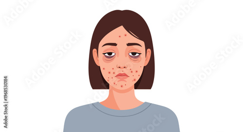 A tired young woman with dark under-eye circles and a breakout of facial acne