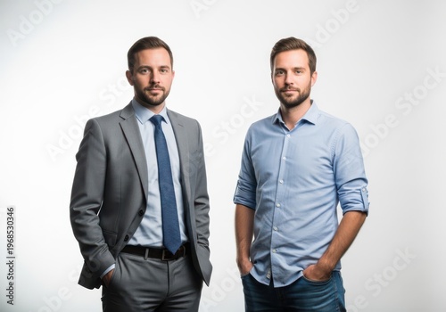 Business professional and casual man standing together with two men with beards stand side-by-side