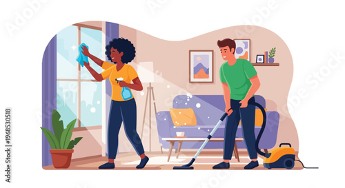 A man and a woman work together to clean their apartment in a sunny living room