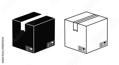 Two cardboard boxes one black and one white with handling symbols