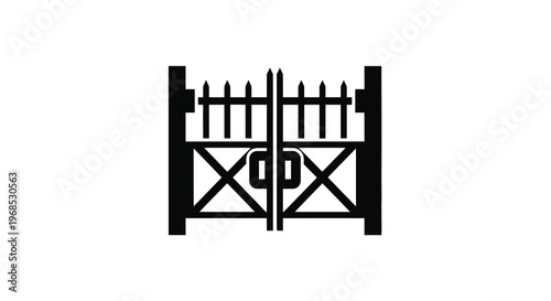 Black and white illustration of a decorative wrought iron gate with a central lock