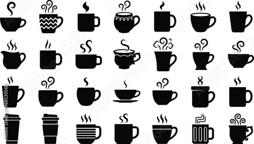 A set of black coffee cup silhouettes with steam rising, a design concept for a vector line art bundle