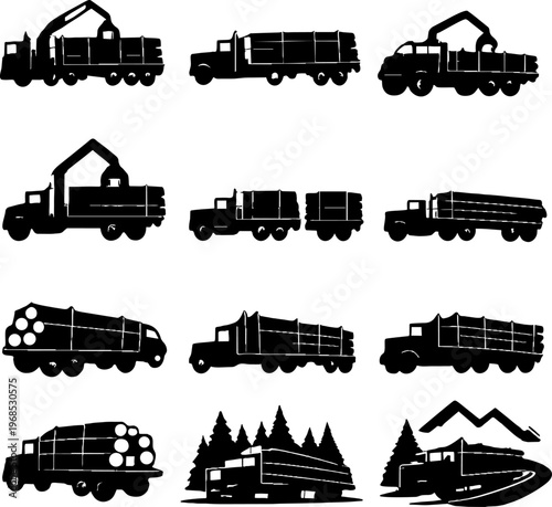 black silhouettes of logging trucks and forestry vehicles
