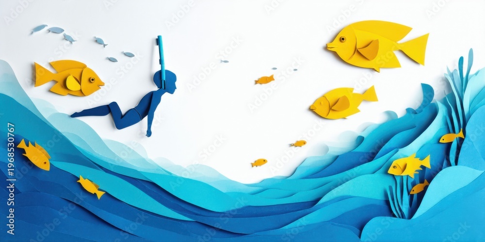Fototapeta premium Papercraft depicts diver swimming among yellow fish. Blue layers suggest ocean waves, simple design, clean aesthetic.