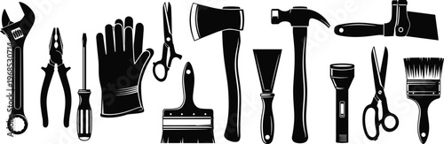 Silhouette icons of adjustable wrench, pliers, screwdriver, gloves, scissors, hatchet, hammer, putty knife, flashlight, paintbrushes, utility tools, construction