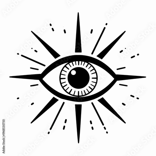 Mystical providence eye vector illustration with radiating sunburst rays, occult symbolic graphic in minimalist black and white woodcut style, spiritual vision and protection concept isolated on white