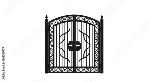 Elegant black wrought iron gates with ornate detailing and a central lock