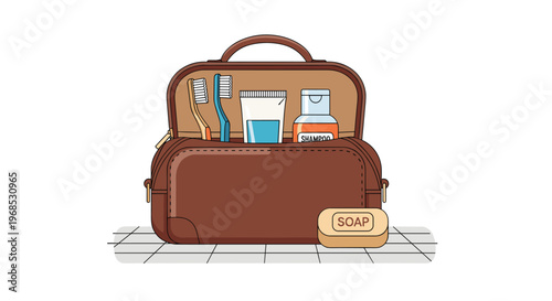 An open brown leather toiletry bag displays two toothbrushes, toothpaste, and shampoo, with a bar of soap on a tiled surface.