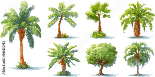 palm tree vector set collection with a white background, in the style of a cartoon style