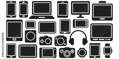 electronic devices silhouettes set including smartphones tablets laptops desktop camera headphones smartwatch and game controller black icons