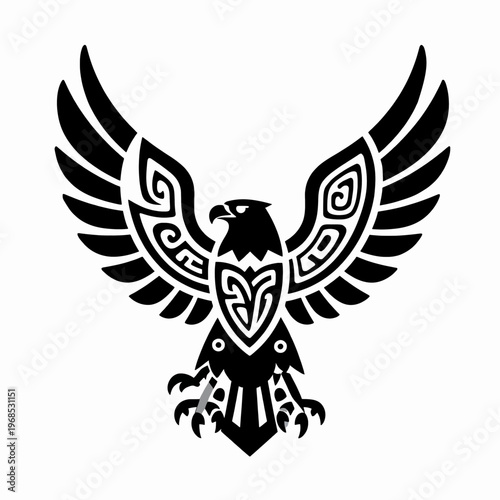Symmetrical flat vector illustration of a single stylized eagle with intricate Polynesian tribal patterns and outspread wings, minimalist black and white predatory bird graphic isolated on white.