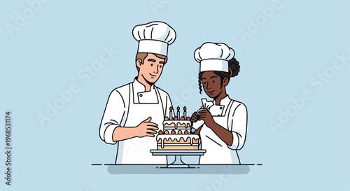 A man and a woman in chef uniforms decorating a tiered cake with frosting