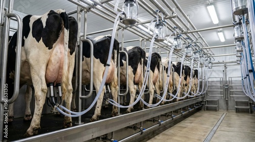 Black and white holstein frisian cows standing in a clean, contemporary milking parlor, with automated machines collecting milk in a dairy production facility