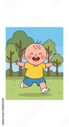 A happy toddler in a yellow shirt runs joyfully across a grassy park landscape