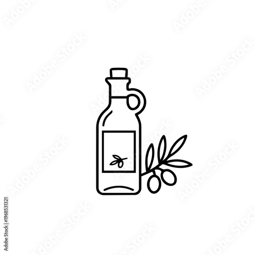 Bold Line Extra Virgin Olive Oil Bottle and Branch Illustration / Cooking Oil Vector Icon