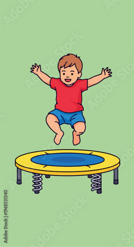 A happy young boy in a red shirt jumping high on a small circular trampoline