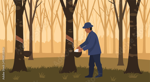 A farmer collecting latex sap from rubber trees in a plantation at sunrise time