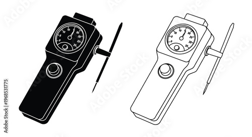Two line drawings of vintage light meters with dials and probes