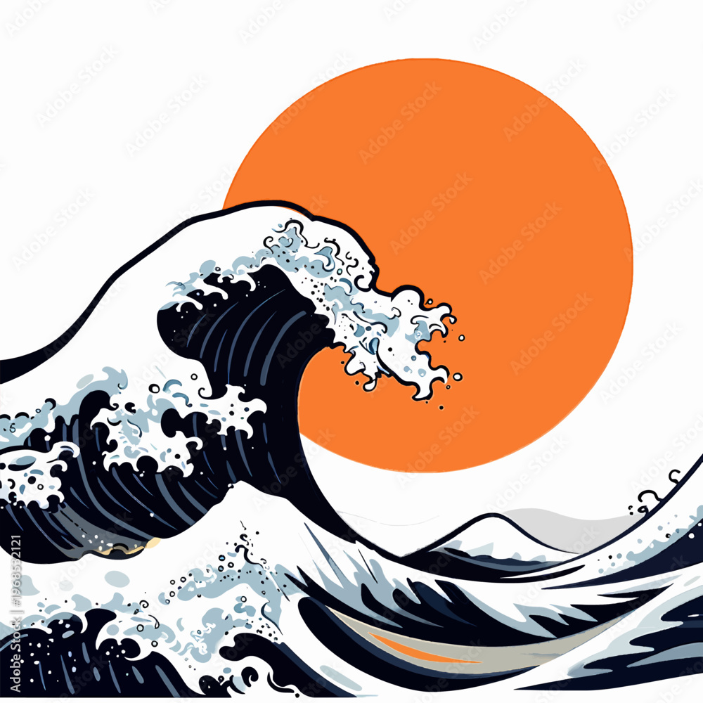 Obraz premium Minimalist Japanese style flat vector illustration of a single crashing ocean wave against a large orange sun, traditional oriental wave art, isolated on white background for graphic design