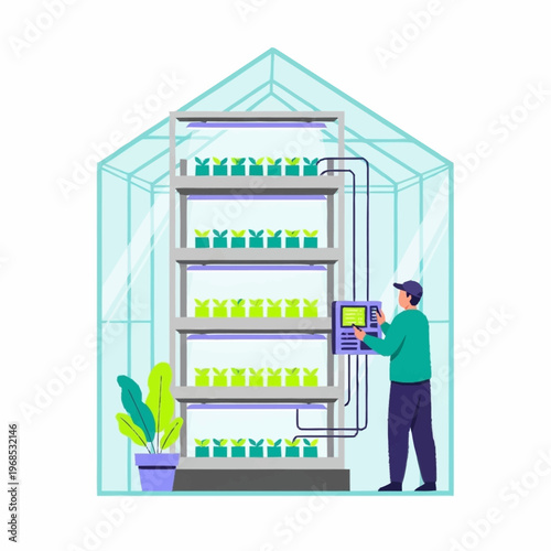Man managing vertical farm with hydroponic plants in a greenhouse.