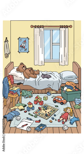 A cluttered child’s bedroom with scattered toys, clothes, and games on the floor