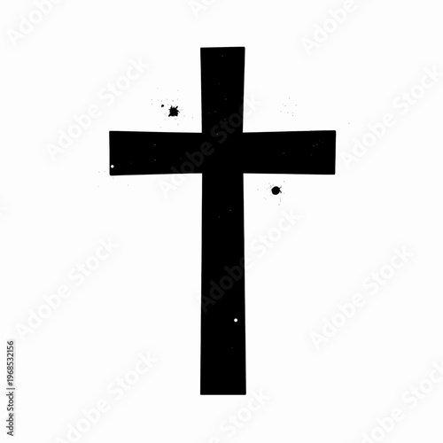 Gritty Black Christian Cross Vector Illustration with Urban Grunge Ink Splatter and Distressed Paint Texture, Minimalist Religious Symbol Isolated on White for Spiritual Concepts and Faith