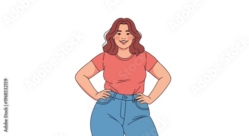 A plus size woman with brown hair smiling while wearing a coral top and jeans