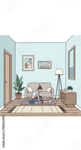 A woman performing a stretching yoga pose on a mat inside a cozy living room