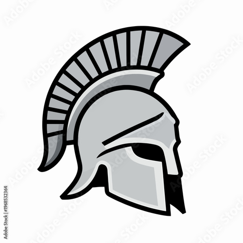 Ancient Greek Corinthian Helmet with Plume, Flat Vector Illustration of a Single Spartan Warrior Headpiece, Minimalist Bronze Armor Icon for History and Combat Concepts, Isolated on White