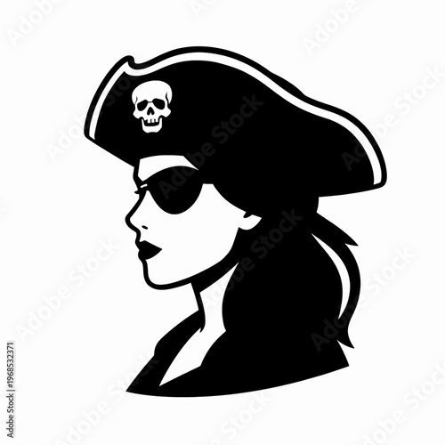 Confident young White woman pirate captain with eyepatch and skull hat, adventurous female buccaneer in vintage black and white vector style, isolated on white background, nautical cosplay concept.