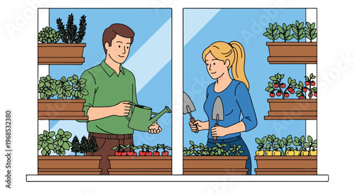 A man and a woman are gardening with potted plants on a window ledge at home