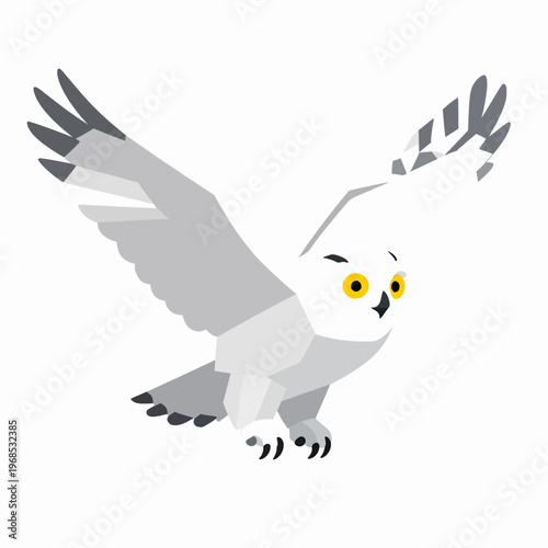 Minimalist flat vector illustration of a single snowy owl in mid-flight with wings spread, wild bird of prey, arctic wildlife predator, isolated on white background, modern geometric animal art.