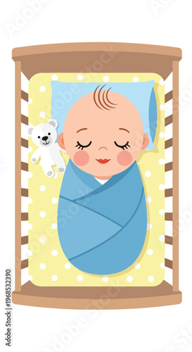 A cute baby in a blue swaddle sleeps peacefully with a toy bear in a crib bed