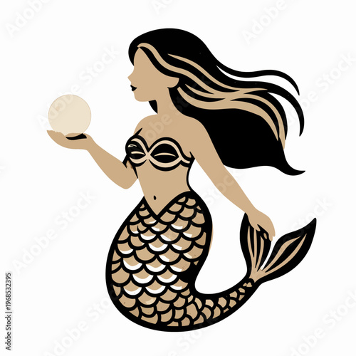 Mystical black mermaid holding a pearl, woodcut style flat vector illustration of an African American sea goddess with flowing hair, mythological aquatic woman, isolated on white background