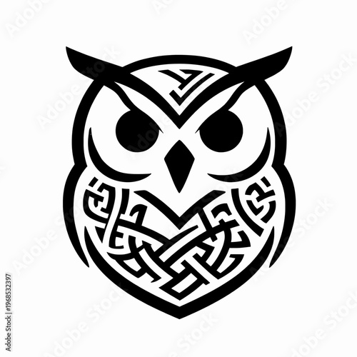 Intricate black and white tribal owl head vector illustration, symmetrical bird of prey with geometric patterns and Celtic knots, minimalist nocturnal animal icon isolated on white background