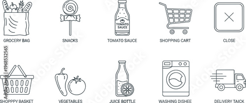 Grocery Shopping Line Icon Set Featuring Grocery Bag Snacks Vegetables Cart Delivery Juice Bottle Market Symbols