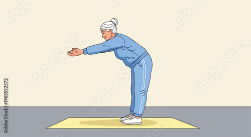 An elderly woman wearing a blue tracksuit performs a standing forward bend yoga