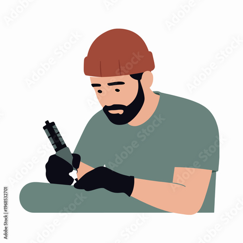 Professional Caucasian male tattoo artist with beard and red beanie working with tattoo machine, focused adult man in creative studio indoors, minimalist flat vector illustration on white background