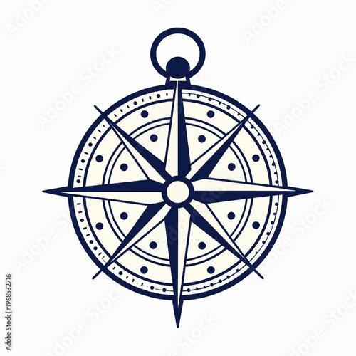 Flat vector illustration of a single mystical celestial compass, minimalist black ink navigation tool with ornate astronomical details, isolated on white background for travel and adventure concepts.