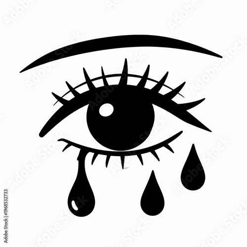 Minimalist black and white flat vector illustration of a single crying eye with long eyelashes and dramatic teardrops, representing sadness and emotional grief, isolated on white background.