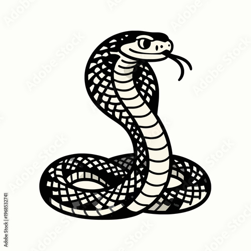 Minimalist black line art illustration of a single coiled rattlesnake in a striking pose, flat vector serpent graphic with intricate scale patterns, isolated on white background for tattoo design
